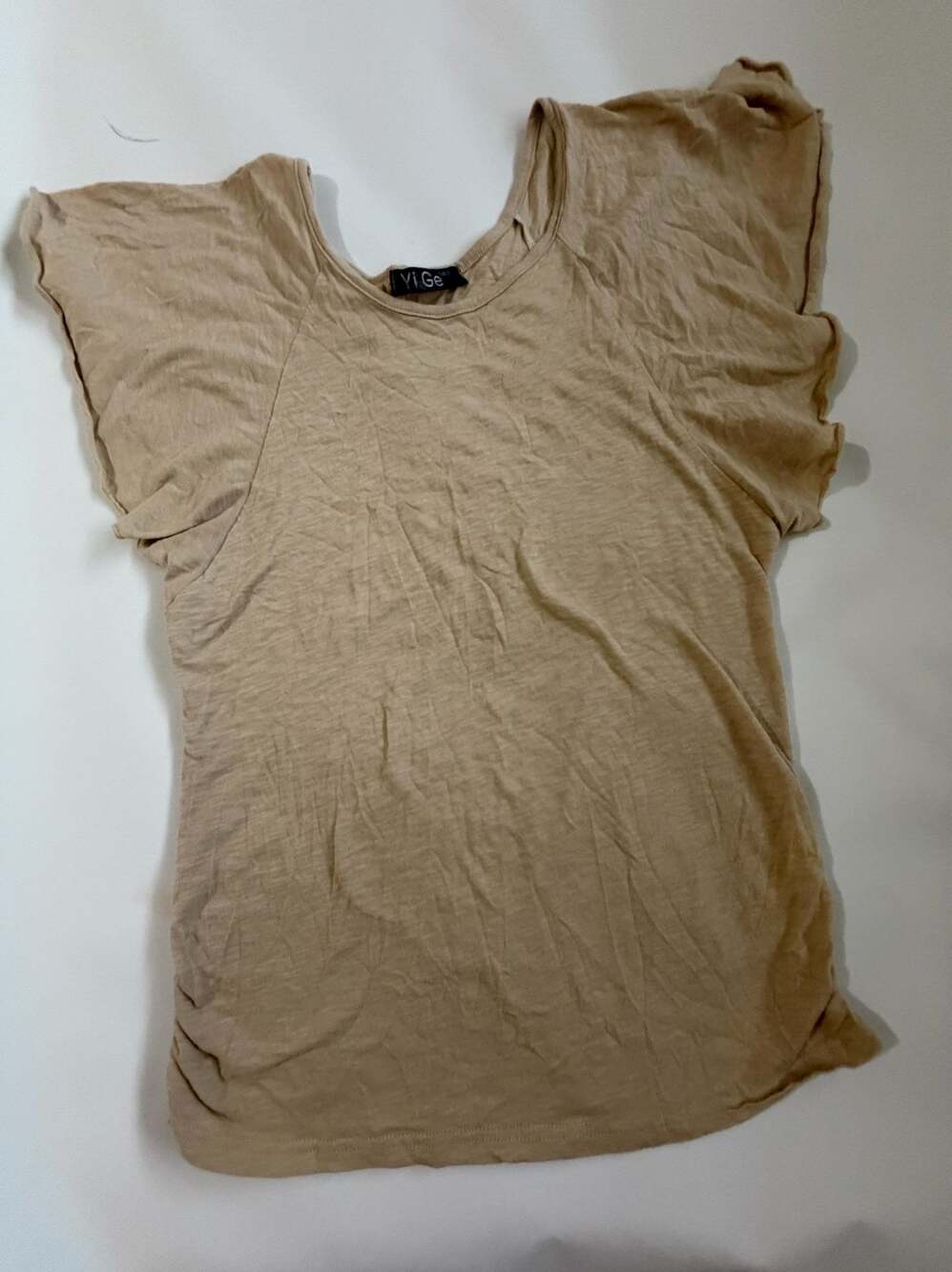 Yi Ge Womens Tan Beige Flutter Sleeve Tunic Top Scoop Neck Lightweight